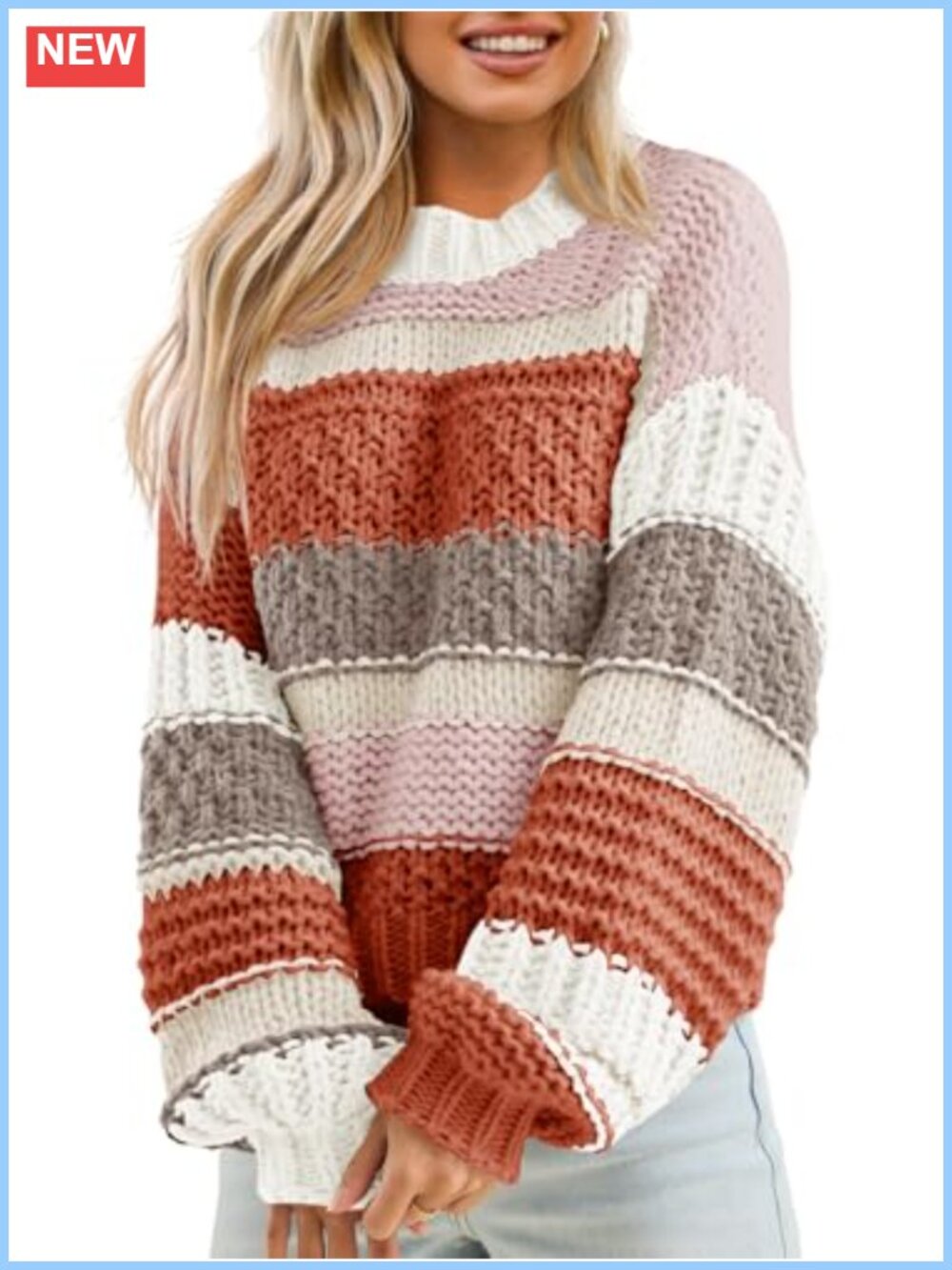 Women's Chunky Knit Cropped Pullover Sweater Color Block Striped Long Sleeve